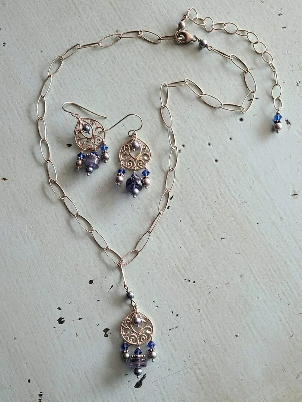 Delicate Silver Filigree Necklace & Earrings Set with Blue Accents